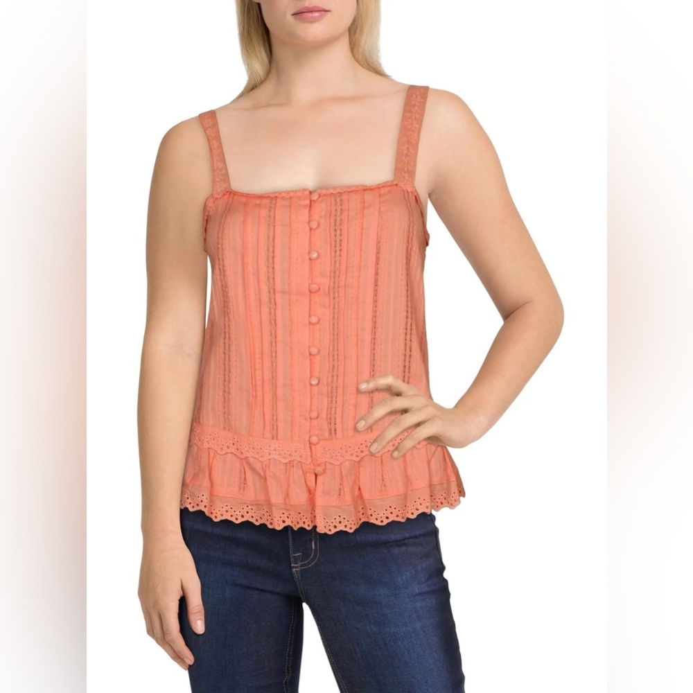 Allison New York Coral Eyelet Lace Trim Top—Size Medium